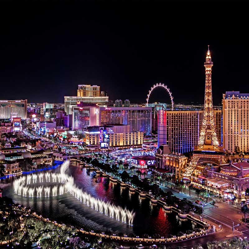 Aerial view of the Strip featuring Bellagio fountains, High Roller and Eiffel Tower – primary Nevada hard money lending markets