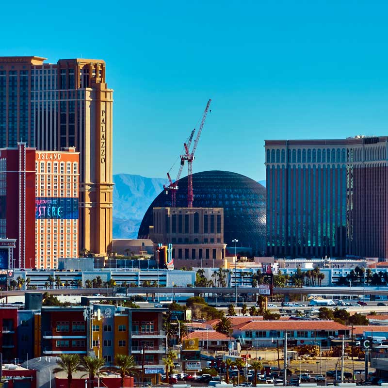 Las Vegas skyline with MSG Sphere and construction cranes – Nevada construction loan program