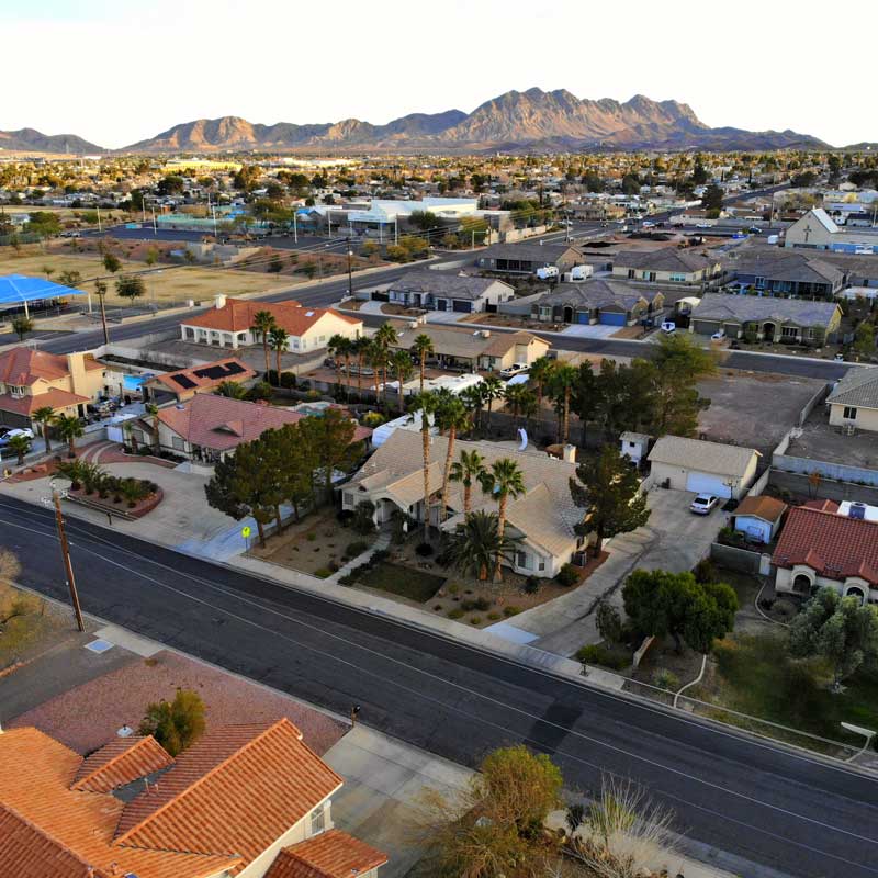 Nevada lending areas – aerial view of Las Vegas suburbs with mountain backdrop
